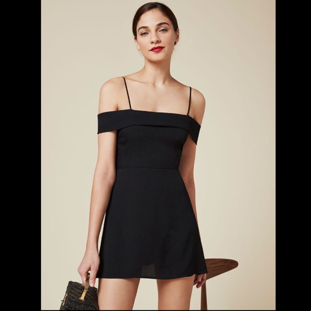 Reformation black Lynne off shoulder mini dress